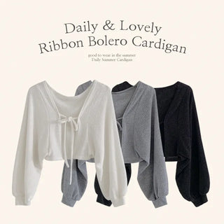 Bolero V-neck ribbon boucle cropped cardigan