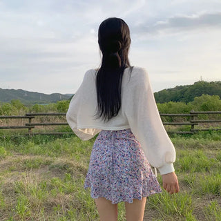 Bolero V-neck ribbon boucle cropped cardigan