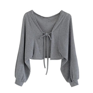 Bolero V-neck ribbon boucle cropped cardigan