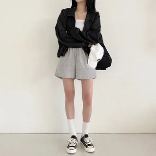 Wide training cotton 5/8 length high-waist elastic shorts