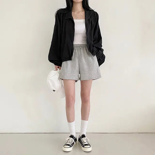 Wide training cotton 5/8 length high-waist elastic shorts