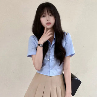 Cropped Elastic Slim Cotton Short-Sleeve Shirt