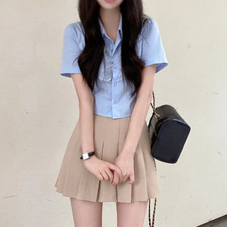 Cropped Elastic Slim Cotton Short-Sleeve Shirt