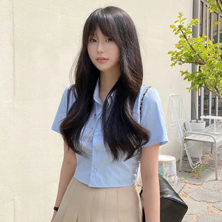 Cropped Elastic Slim Cotton Short-Sleeve Shirt