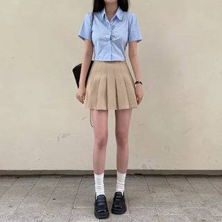 [Belt set/Pants-style lining included] Pleated mini A-line belted cotton skirt