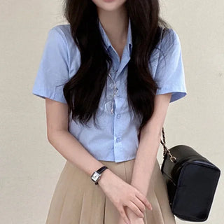 Cropped Elastic Slim Cotton Short-Sleeve Shirt