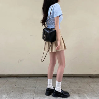 [Belt set/Pants-style lining included] Pleated mini A-line belted cotton skirt