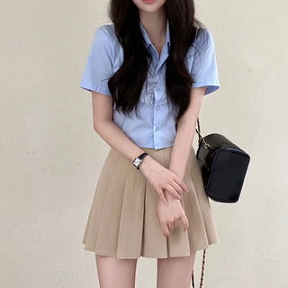 Cropped Elastic Slim Cotton Short-Sleeve Shirt