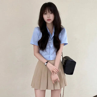 Cropped Elastic Slim Cotton Short-Sleeve Shirt