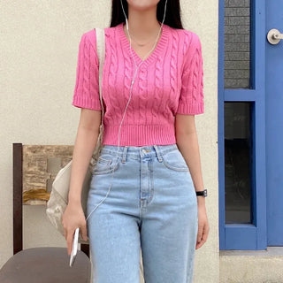 Semi-cropped V-neck pink cable twist puff knit