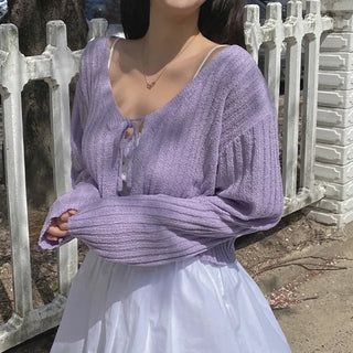 Loose-fit cropped sheer V-neck ribbed cardigan