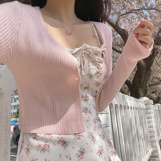 (Short-sleeved/Long-sleeved) Pastel Cropped V-neck Slim Button Ribbed Cardigan