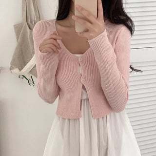 (Short-sleeved/Long-sleeved) Pastel Cropped V-neck Slim Button Ribbed Cardigan