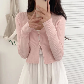(Short-sleeved/Long-sleeved) Pastel Cropped V-neck Slim Button Ribbed Cardigan