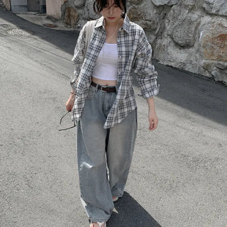 See-through oversized check shirt