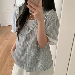 Lace frill check hooded short-sleeved shirt