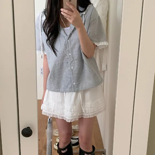 Lace frill check hooded short-sleeved shirt