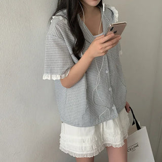 Lace frill check hooded short-sleeved shirt
