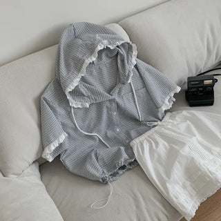Lace frill check hooded short-sleeved shirt