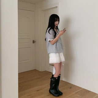 Lace frill check hooded short-sleeved shirt