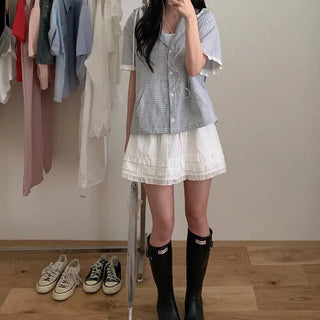 Lace frill check hooded short-sleeved shirt