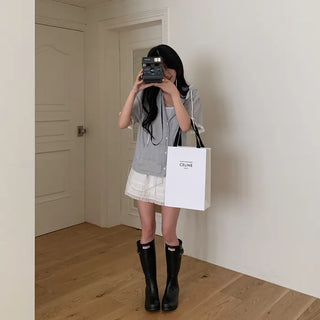 Lace frill check hooded short-sleeved shirt