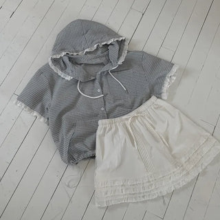 Lace frill check hooded short-sleeved shirt