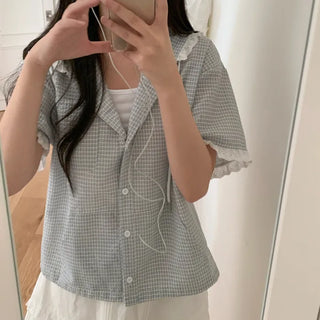 Lace frill check hooded short-sleeved shirt