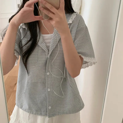 Lace frill check hooded short-sleeved shirt