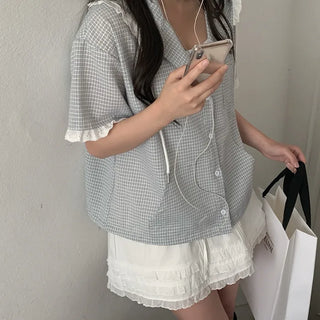 Lace frill check hooded short-sleeved shirt