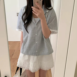 Lace frill check hooded short-sleeved shirt