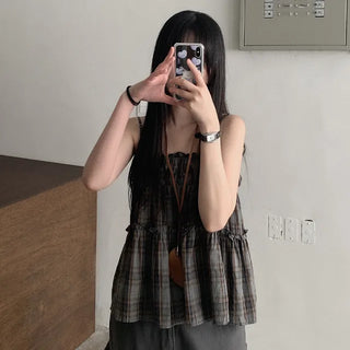 Frilled check sleeveless top