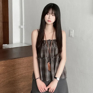 Frilled check sleeveless top