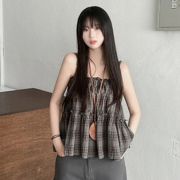 Frilled check sleeveless top