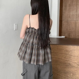 Frilled check sleeveless top