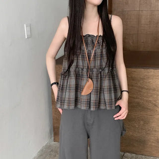 Frilled check sleeveless top