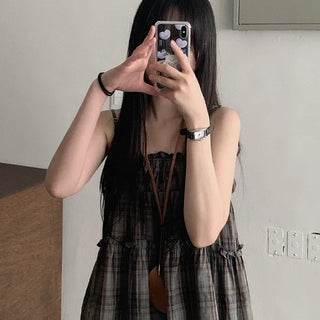 Frilled check sleeveless top