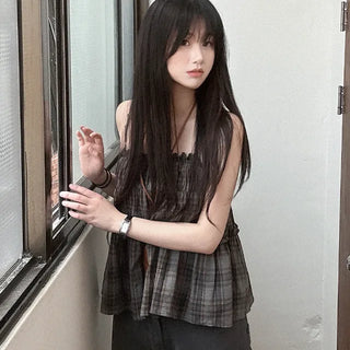 Frilled check sleeveless top