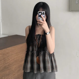 Frilled check sleeveless top