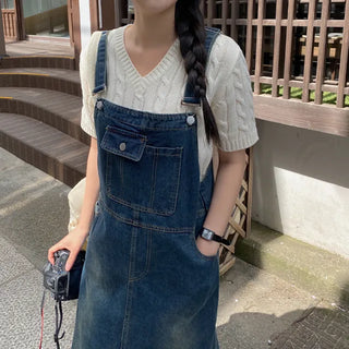 Layered Long Denim Overalls Dress