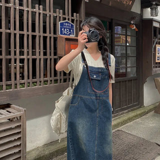 Layered Long Denim Overalls Dress