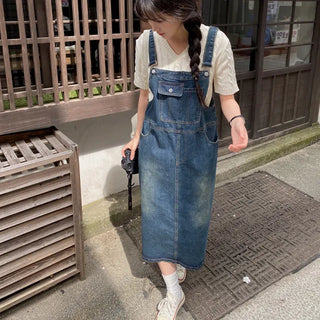 Layered Long Denim Overalls Dress