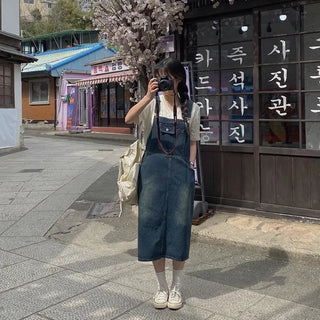 Layered Long Denim Overalls Dress