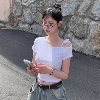 One-shoulder ribbon short-sleeved T-shirt