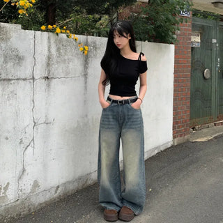 One-shoulder ribbon short-sleeved T-shirt