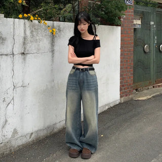 One-shoulder ribbon short-sleeved T-shirt