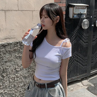 One-shoulder ribbon short-sleeved T-shirt