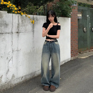 One-shoulder ribbon short-sleeved T-shirt