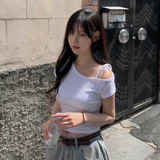 One-shoulder ribbon short-sleeved T-shirt