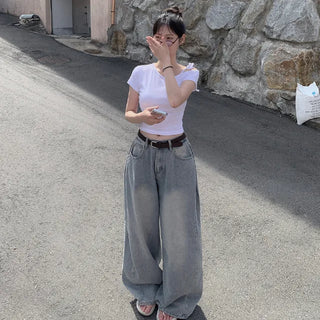 One-shoulder ribbon short-sleeved T-shirt